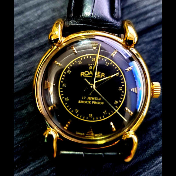 Rare Manual Roamer Brevete Swiss Mens‎ Watch Gld Blk Blk
